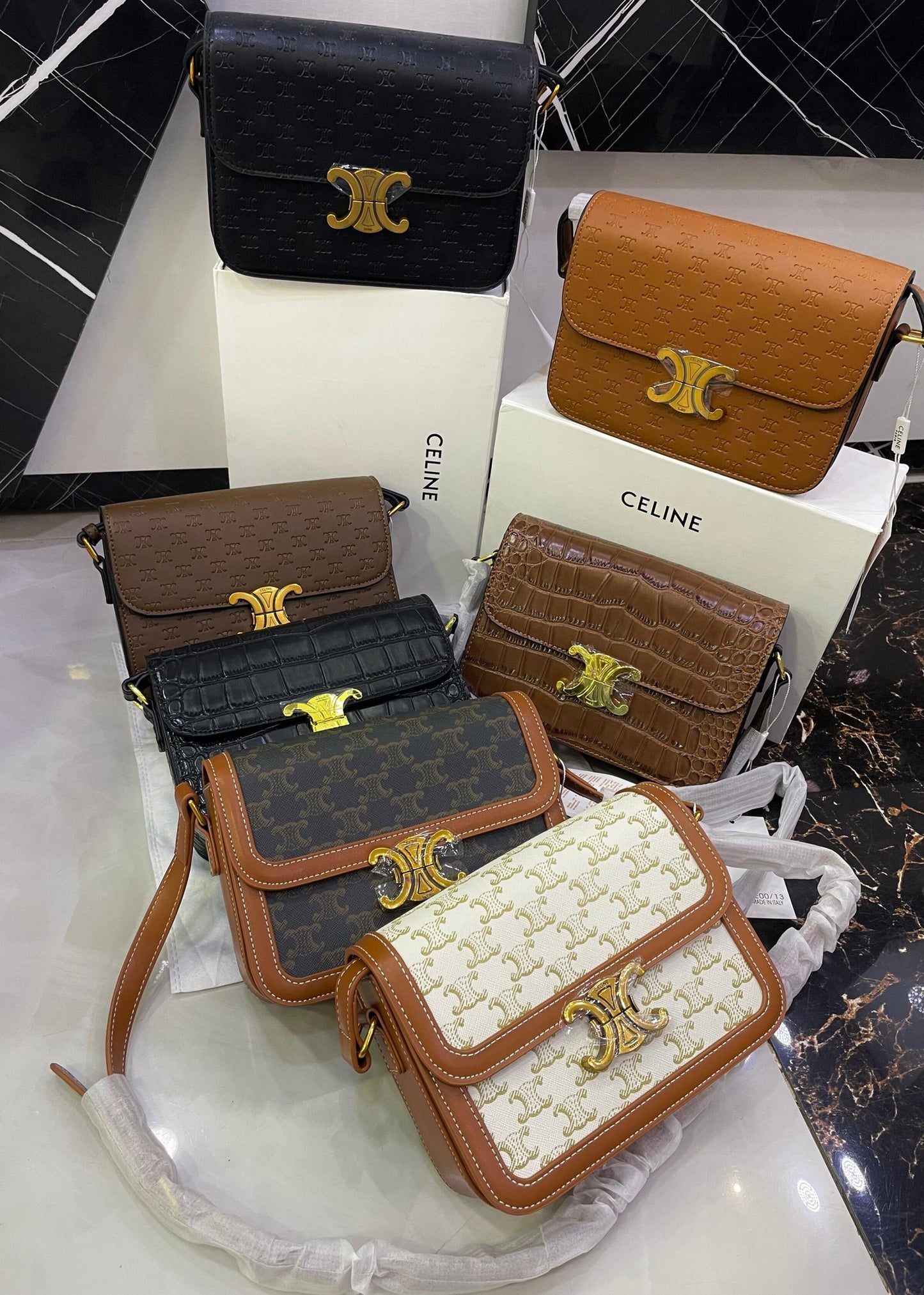 Celine Triomphe Embossed Small Shoulder Bag with Gold Logo