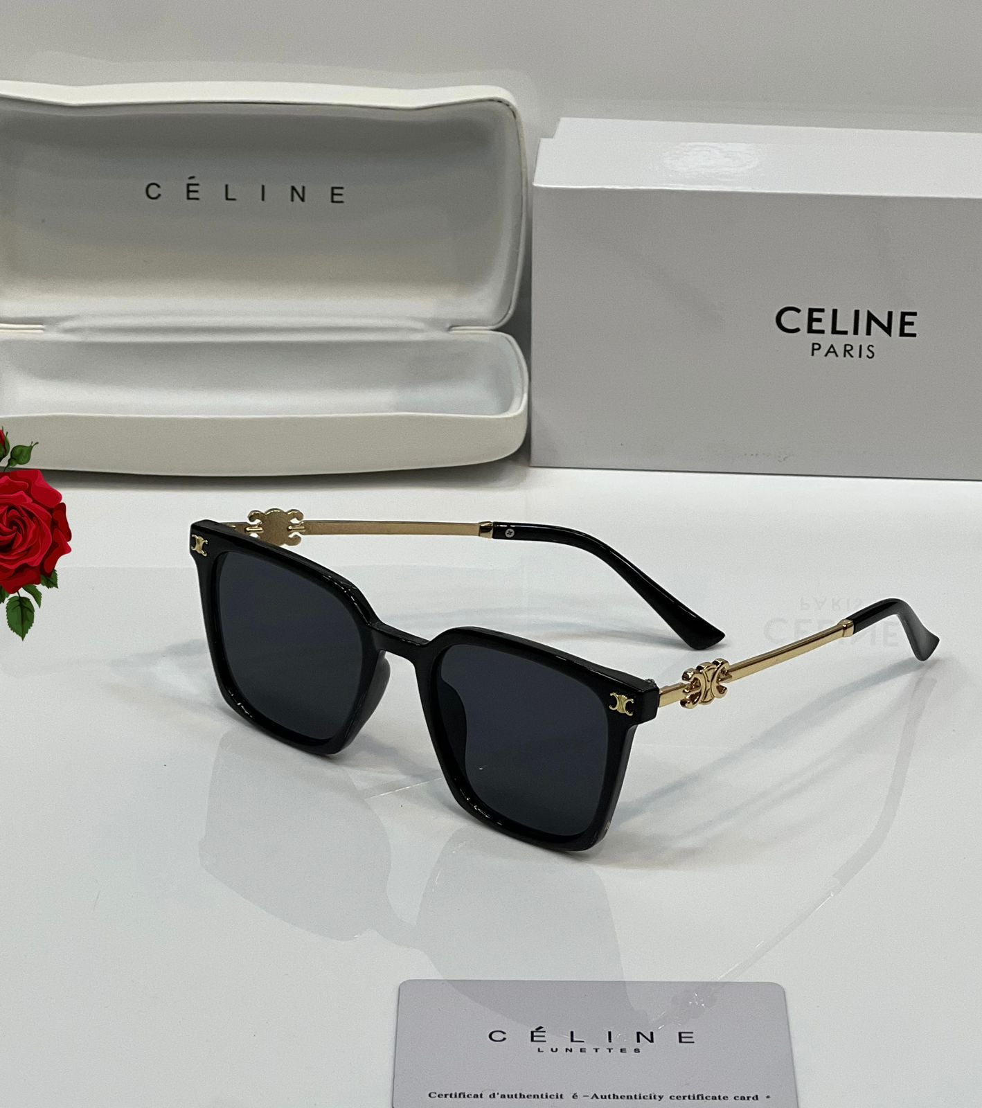 Celine-Inspired Square Burgundy Gold Temple Sunglasses