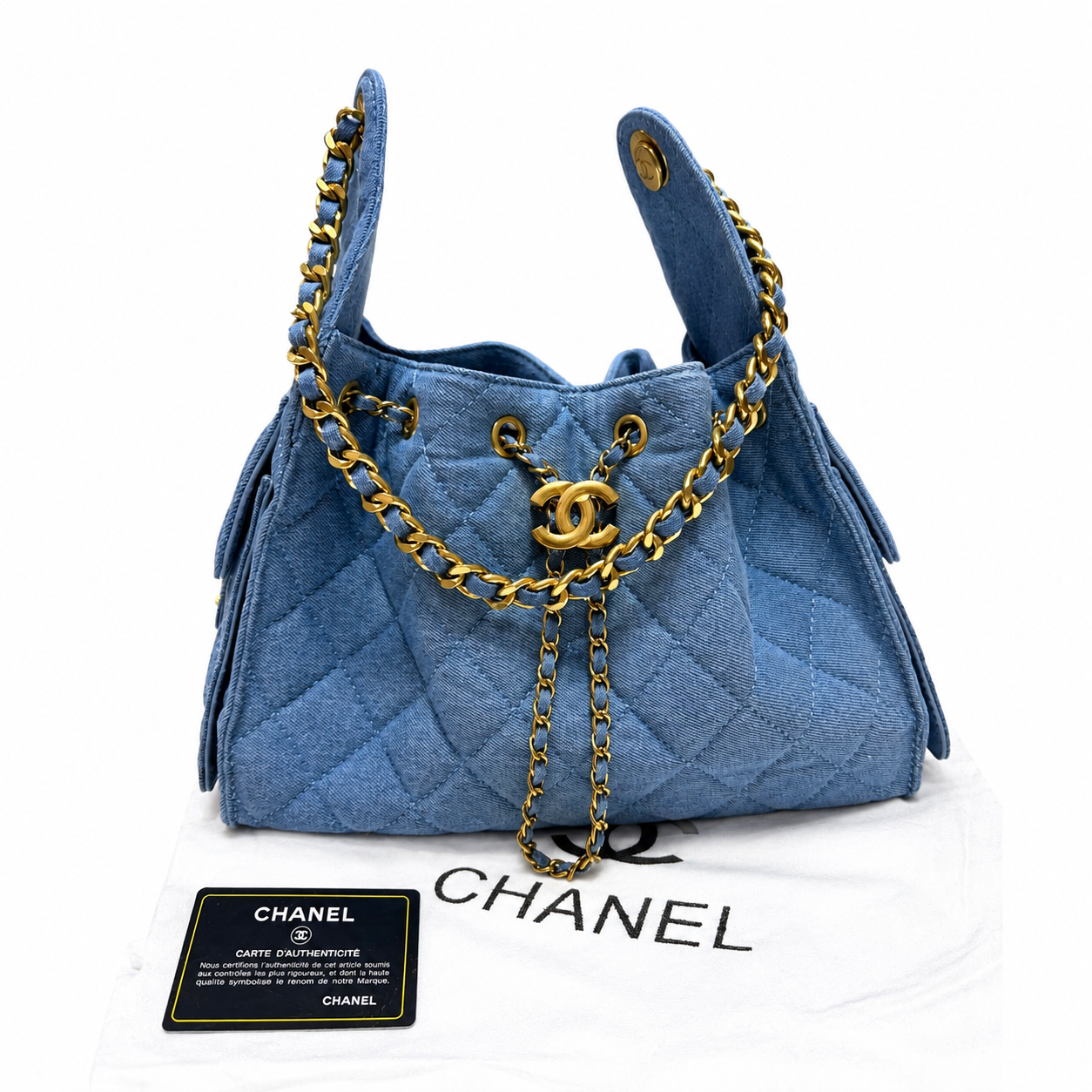 Chanel Quilted Denim Drawstring Shoulder Bag