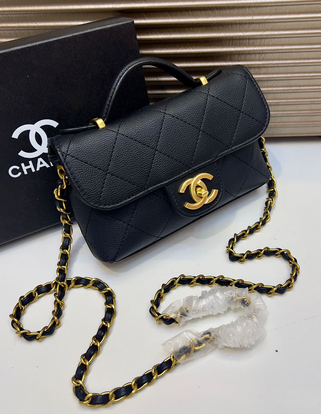 Chanel Style Quilted Mini Top Handle Flap Bag