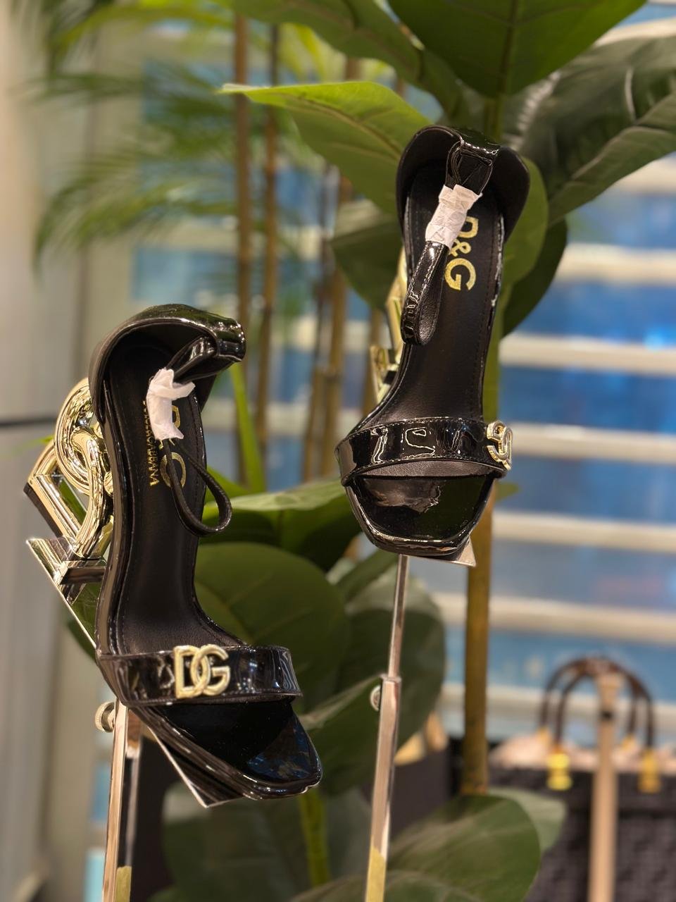 Dolce & Gabbana Patent Leather Sandals with Sculpted Gold Heel