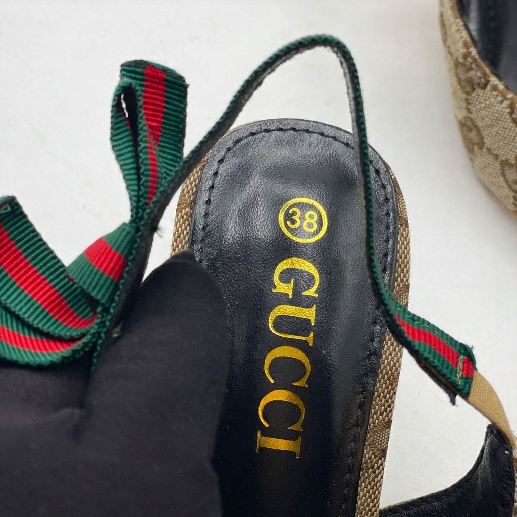 Gu-cci GG Canvas Slingback Heels (Web Strap Detail)