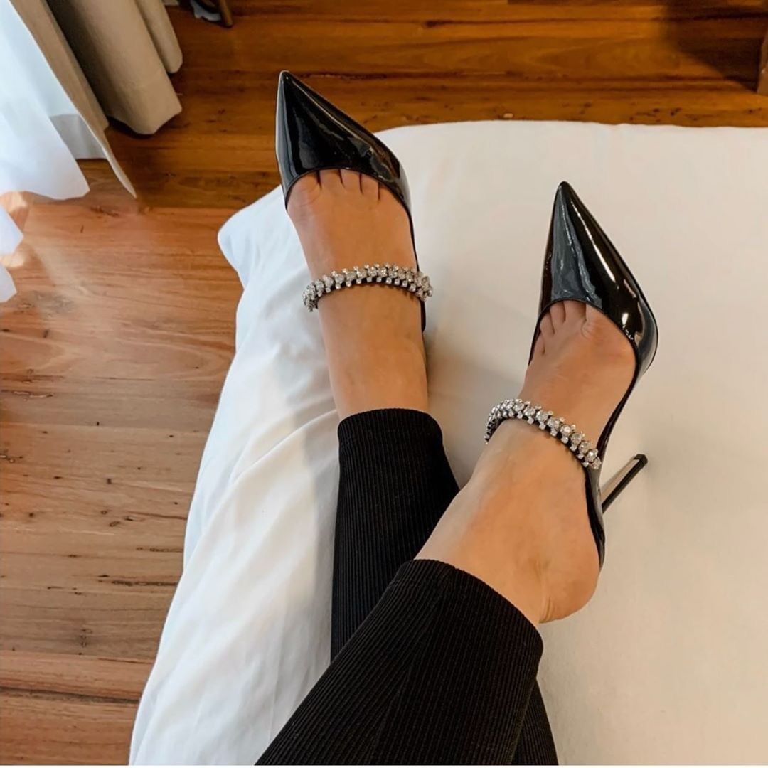 Jimmy Choo Style Crystal Strap Patent Pumps