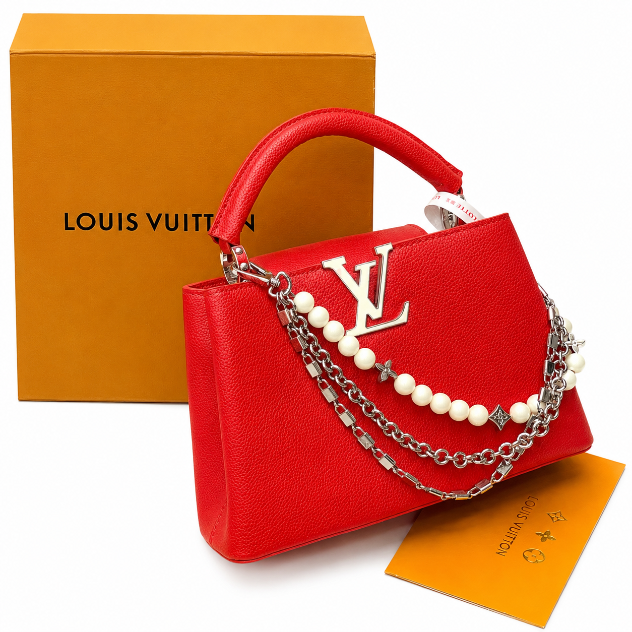Louis Vuitton Capucines Red Leather Top Handle Bag with Decorative Chain