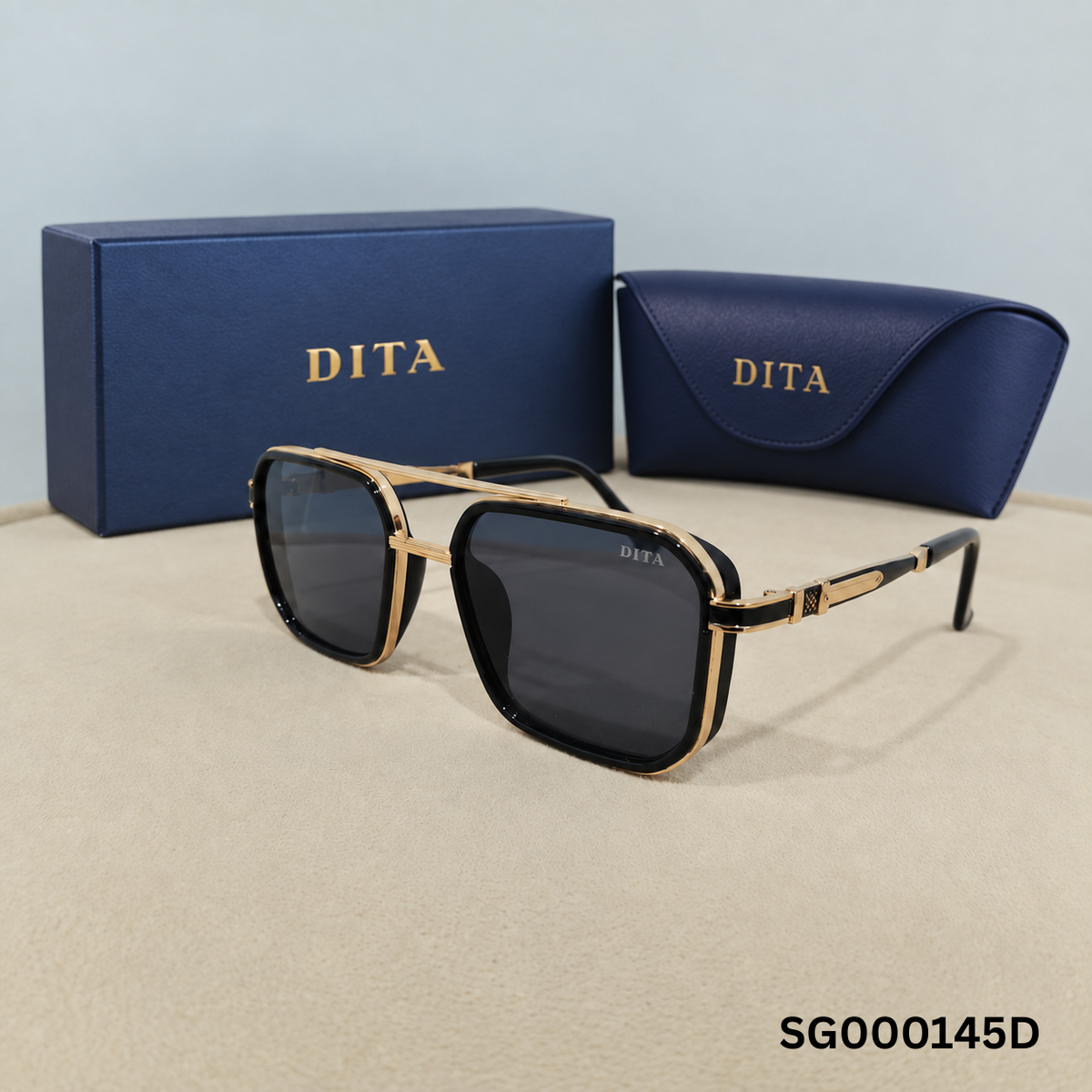 DITA Gold and Black Double-Bridge Square Sunglasses