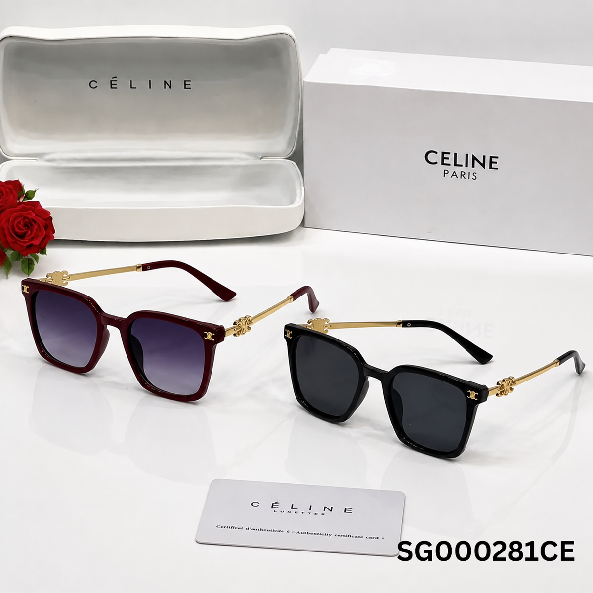 Celine-Inspired Square Burgundy Gold Temple Sunglasses
