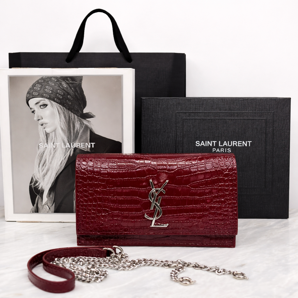 Saint Laurent Kate Medium Chain Bag in Croc-Embossed Leather