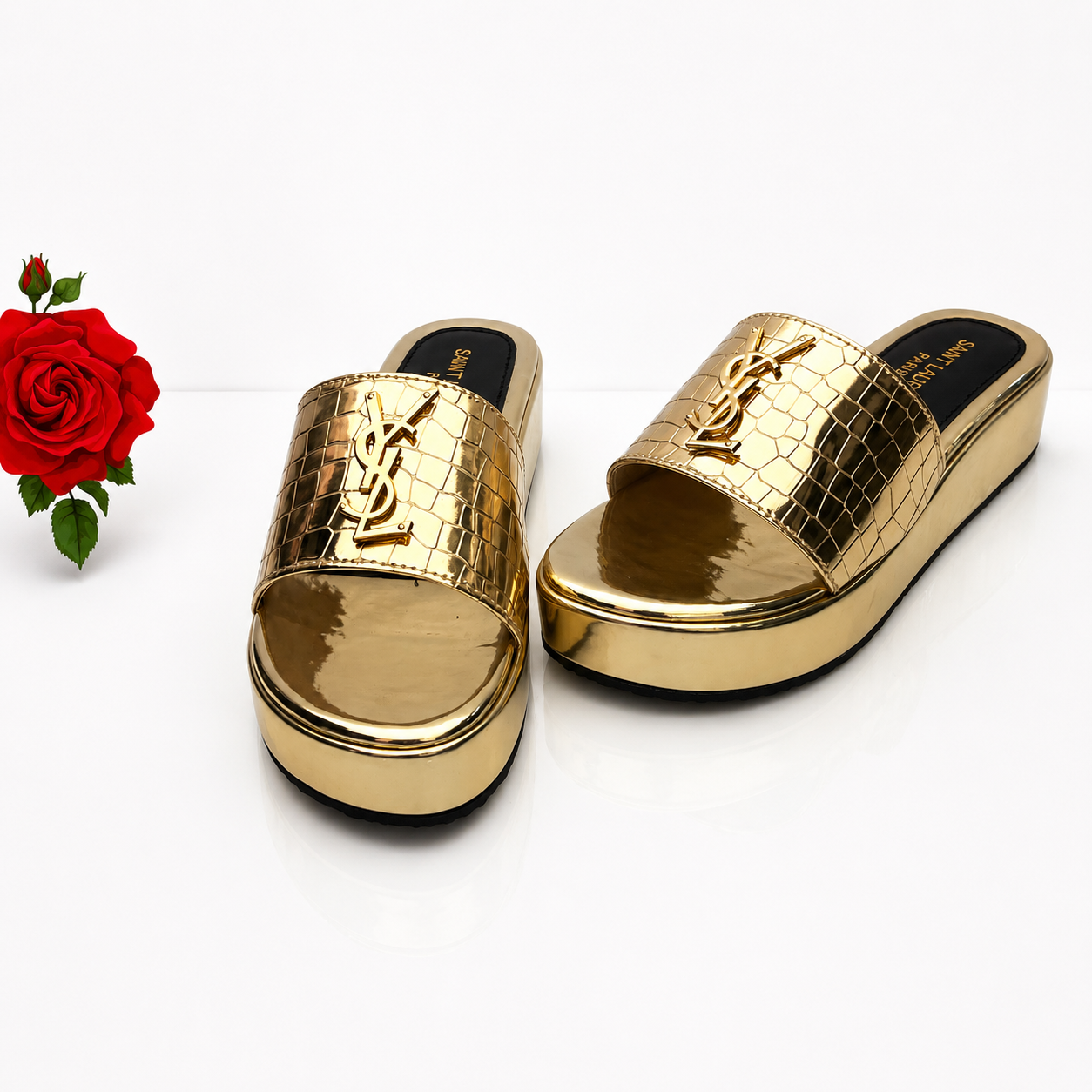 Saint Laurent YSL Croc Luxe Slide Sandals