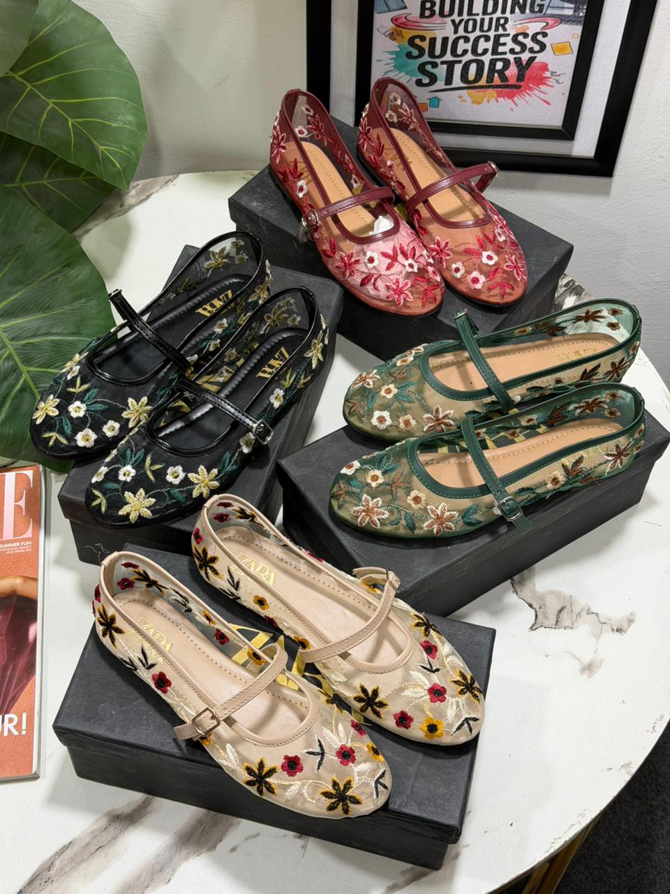 ZARA Floral Embroidered Mary Jane Flats – Elegant Casual Comfort Shoes