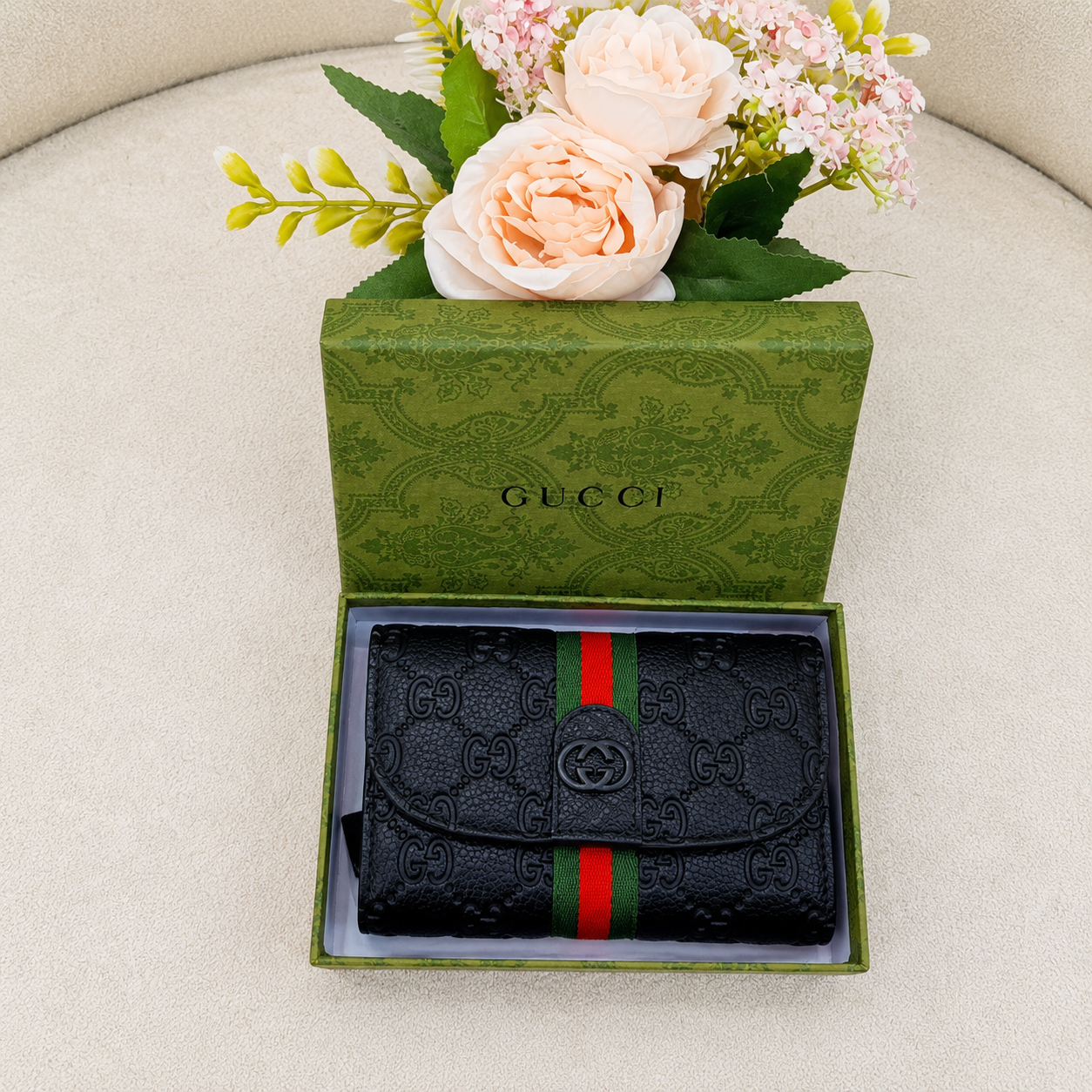 Gucci GG Web Stripe Compact Wallet – Black & Beige Edition