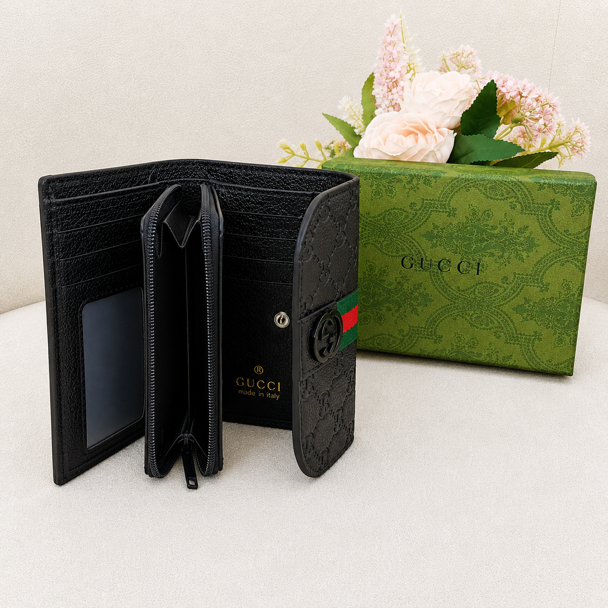 Gucci GG Web Stripe Compact Wallet – Black & Beige Edition