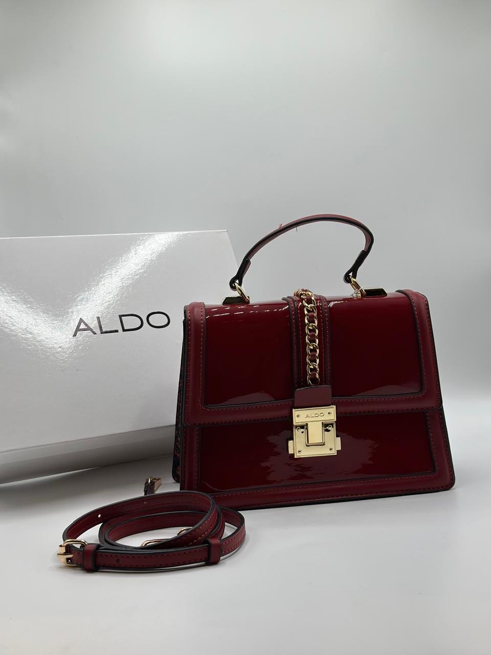ALDO Structured Patent & Faux Leather Top Handle Bag with Chain Detail