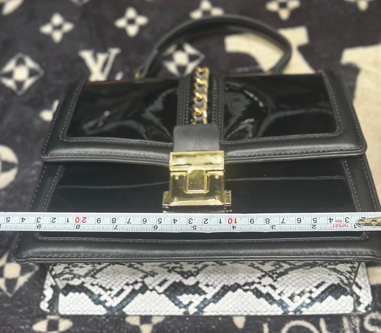 ALDO Structured Patent & Faux Leather Top Handle Bag with Chain Detail