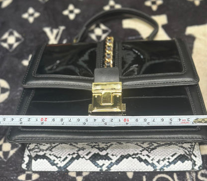 ALDO Structured Patent & Faux Leather Top Handle Bag with Chain Detail