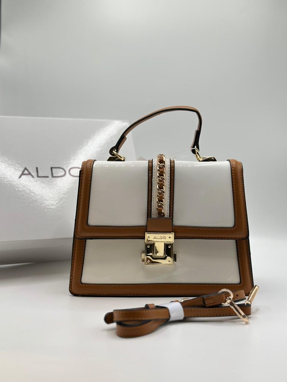 ALDO Structured Patent & Faux Leather Top Handle Bag with Chain Detail