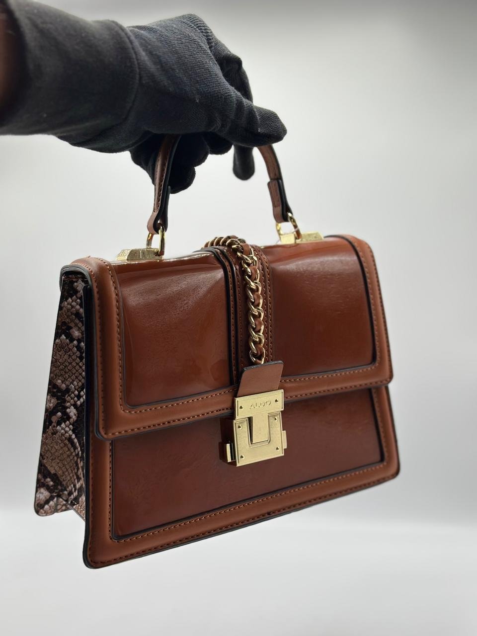 ALDO Structured Patent & Faux Leather Top Handle Bag with Chain Detail