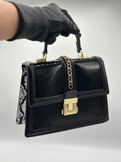 ALDO Structured Patent & Faux Leather Top Handle Bag with Chain Detail