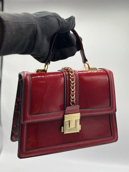 ALDO Structured Patent & Faux Leather Top Handle Bag with Chain Detail