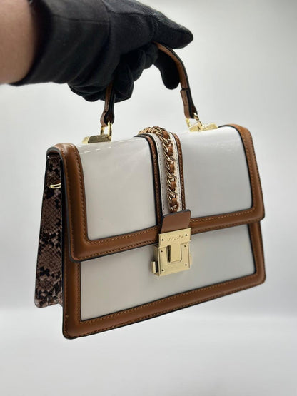 ALDO Structured Patent & Faux Leather Top Handle Bag with Chain Detail
