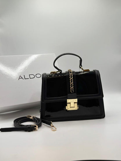 ALDO Structured Patent & Faux Leather Top Handle Bag with Chain Detail