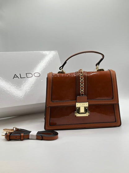 ALDO Structured Patent & Faux Leather Top Handle Bag with Chain Detail