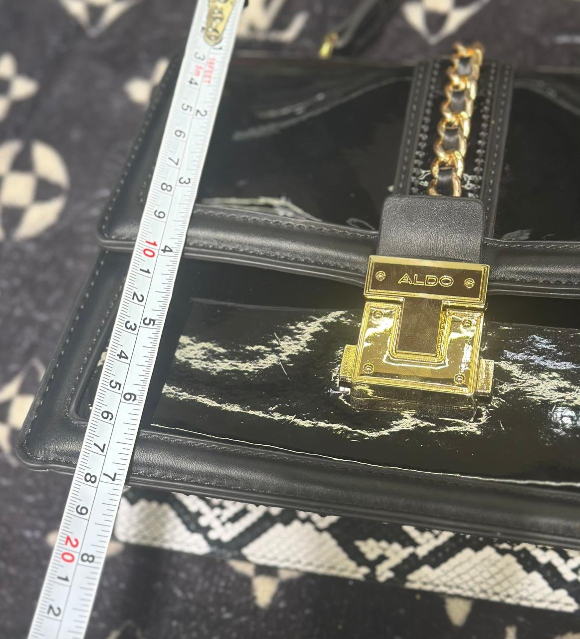 ALDO Structured Patent & Faux Leather Top Handle Bag with Chain Detail