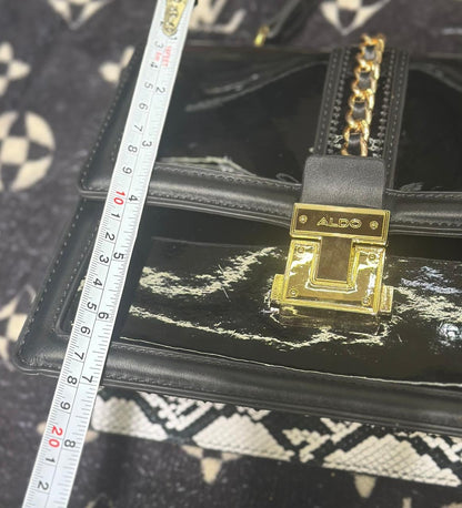ALDO Structured Patent & Faux Leather Top Handle Bag with Chain Detail