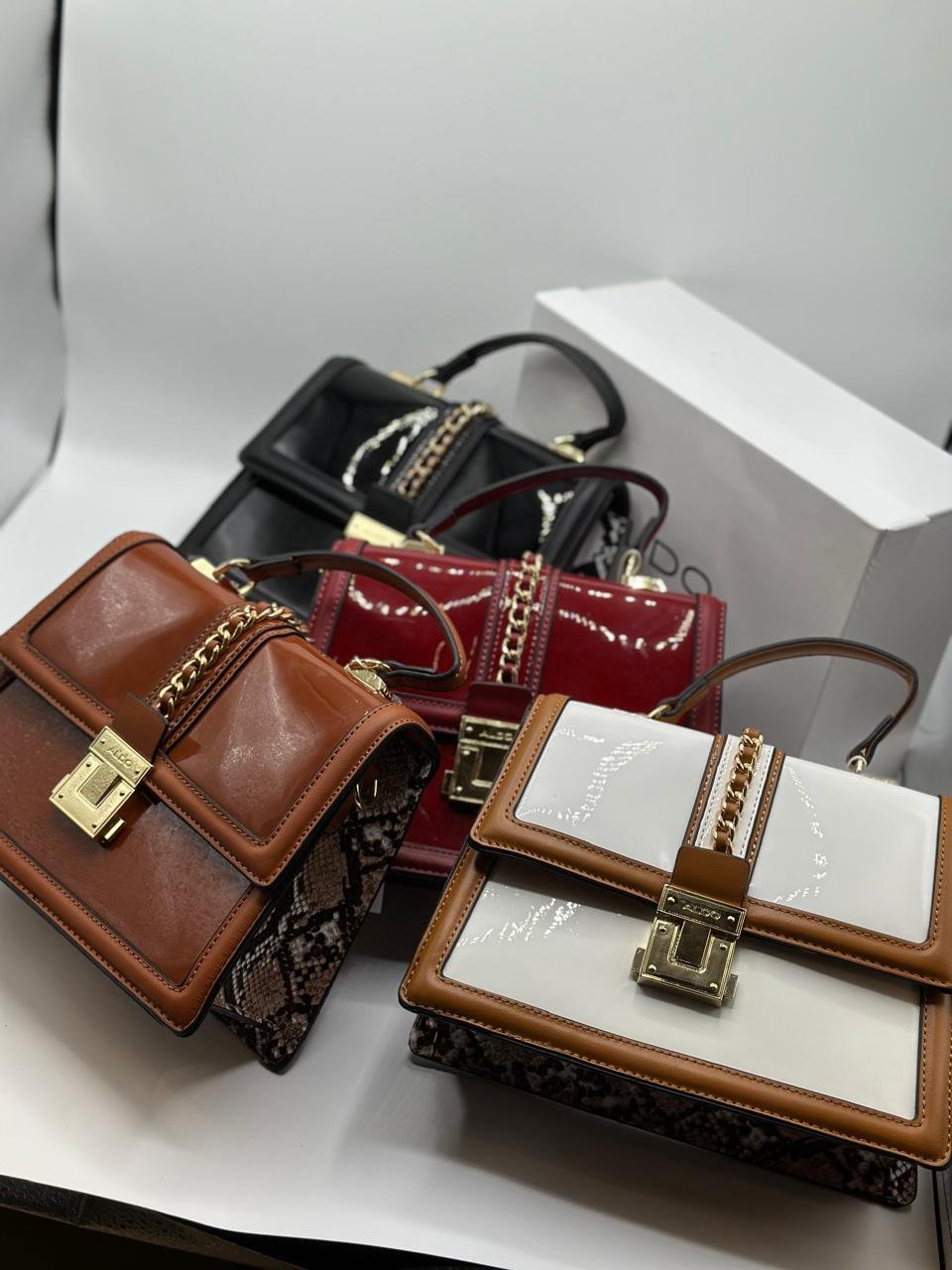 ALDO Structured Patent & Faux Leather Top Handle Bag with Chain Detail
