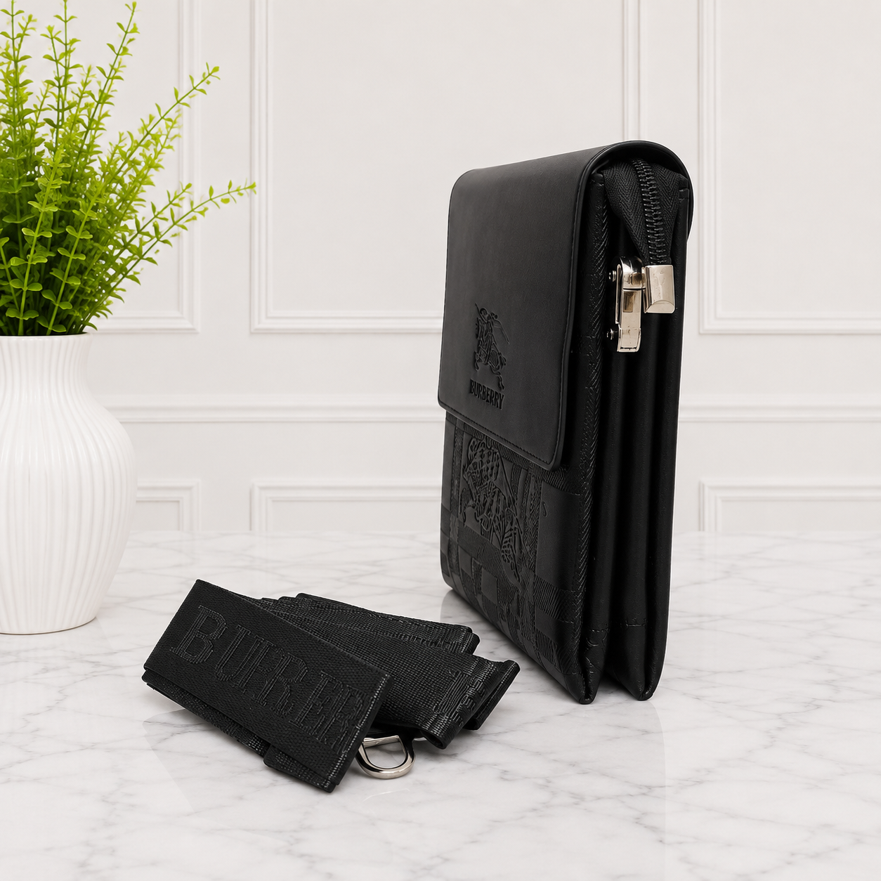 Burberry Embossed Check Leather Messenger Bag
