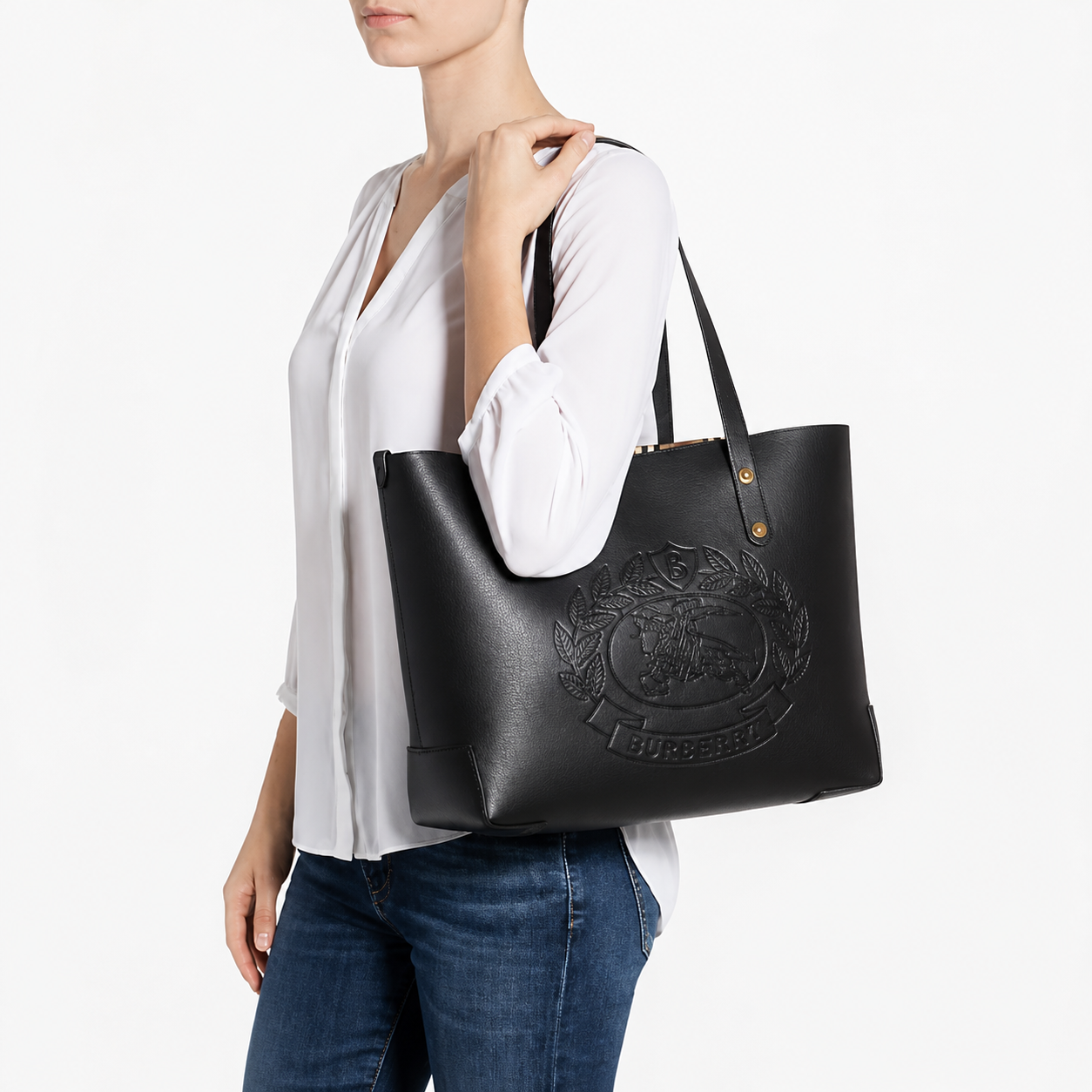 Burberry Embossed Logo Crest Leather Tote Bag