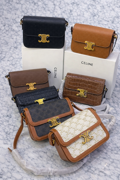 Celine Triomphe Embossed Small Shoulder Bag with Gold Logo