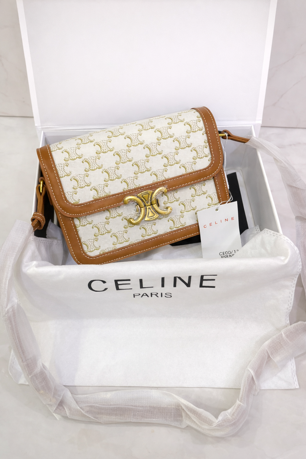 Celine Triomphe Embossed Small Shoulder Bag with Gold Logo