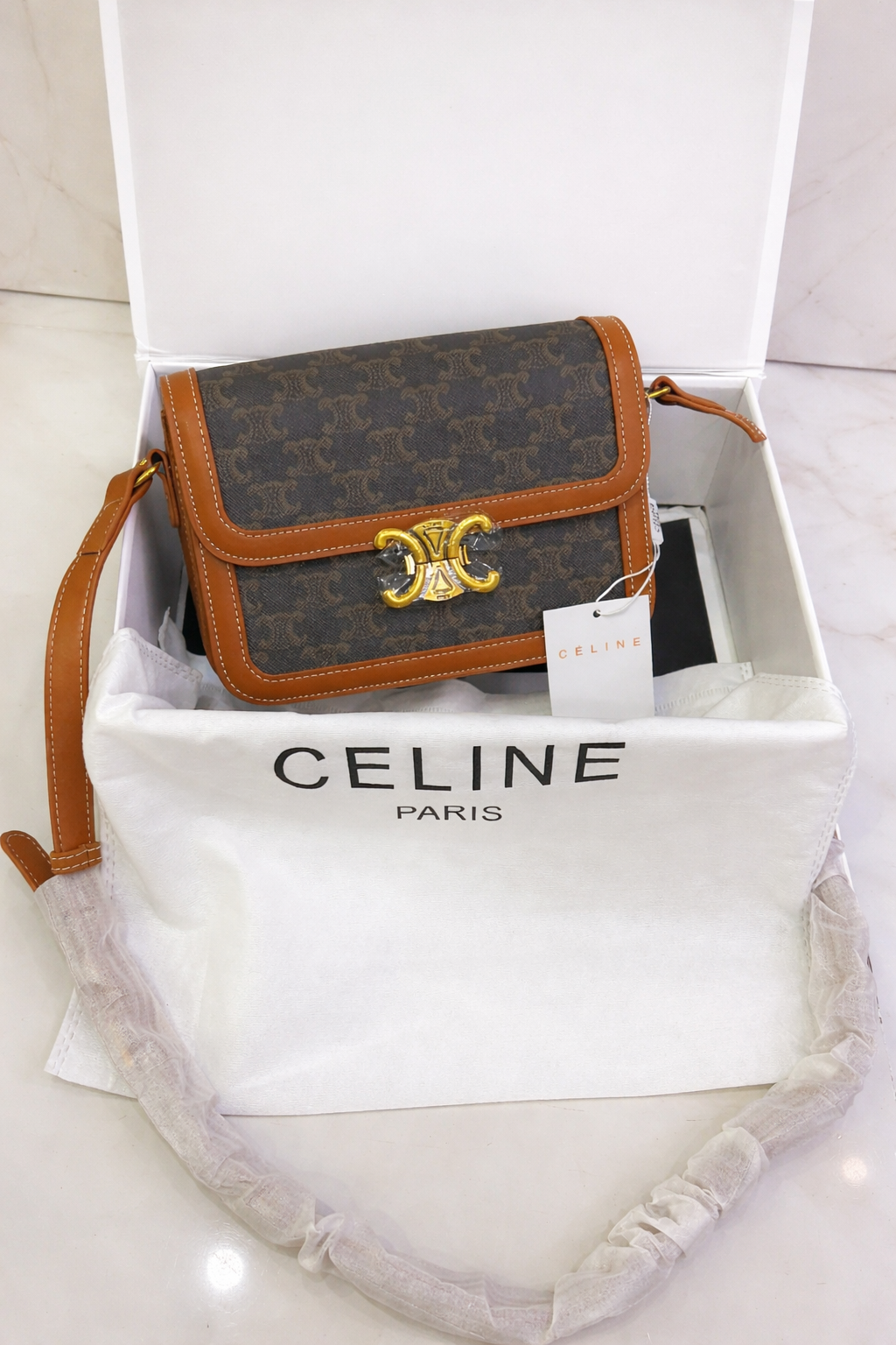 Celine Triomphe Embossed Small Shoulder Bag with Gold Logo