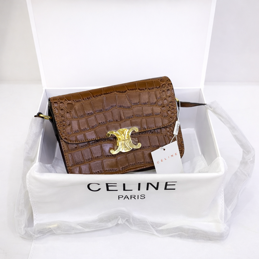 Celine Triomphe Embossed Small Shoulder Bag with Gold Logo