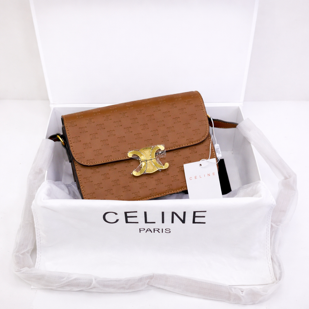 Celine Triomphe Embossed Small Shoulder Bag with Gold Logo