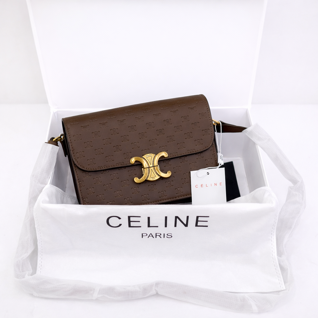 Celine Triomphe Embossed Small Shoulder Bag with Gold Logo