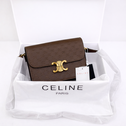 Celine Triomphe Embossed Small Shoulder Bag with Gold Logo