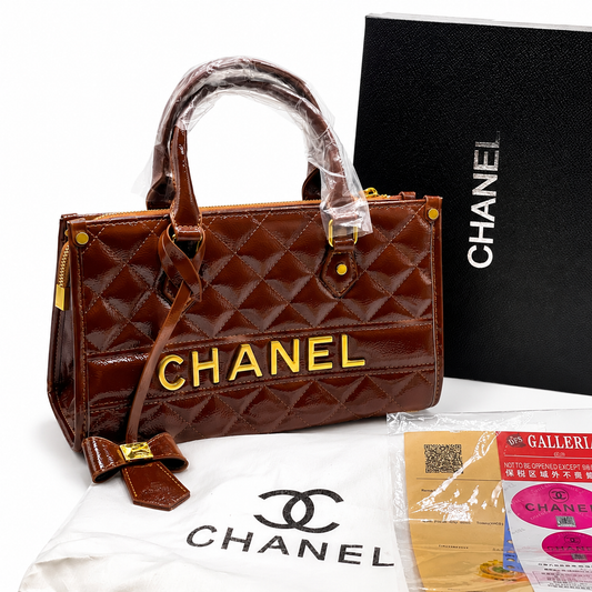 Chanel Patent Quilted Logo Tote Bag