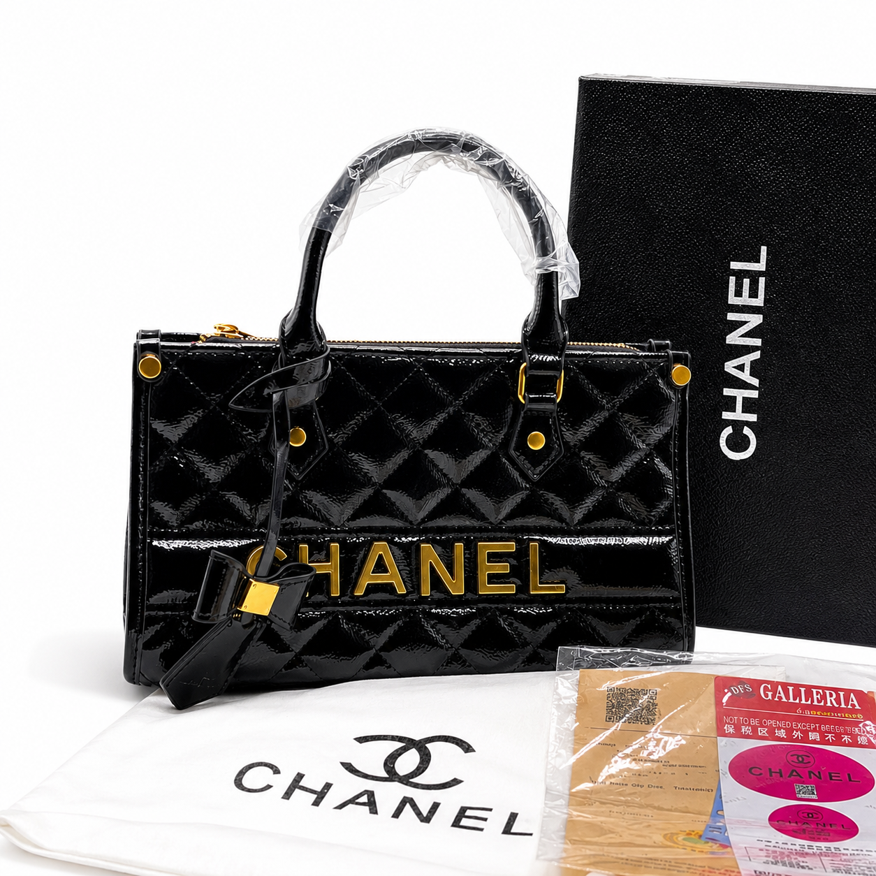 Chanel Patent Quilted Logo Tote Bag