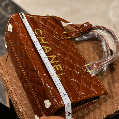 Chanel Patent Quilted Logo Tote Bag