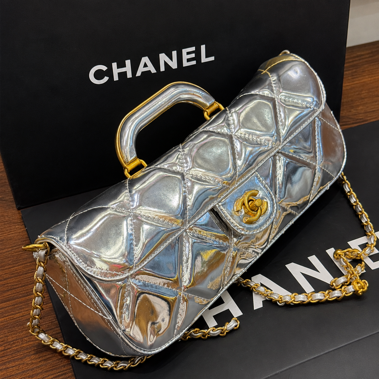 Chanel Patent Quilted Top Handle Shoulder Bag