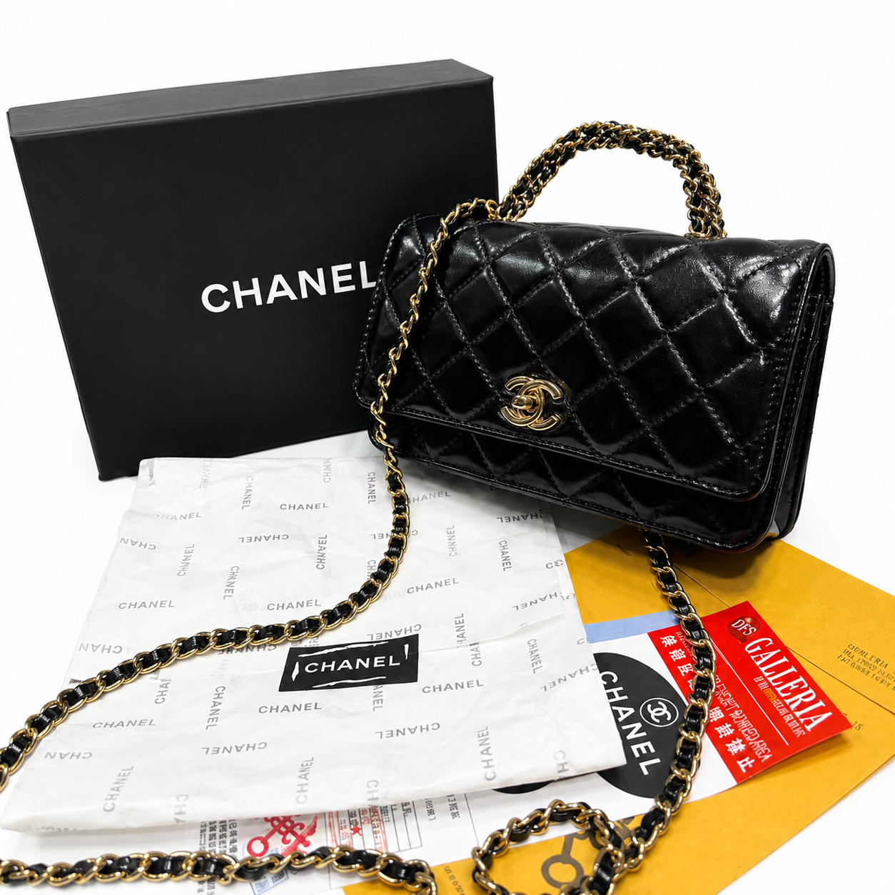 Chanel Quilted Patent Leather Chain Handle Flap Bag