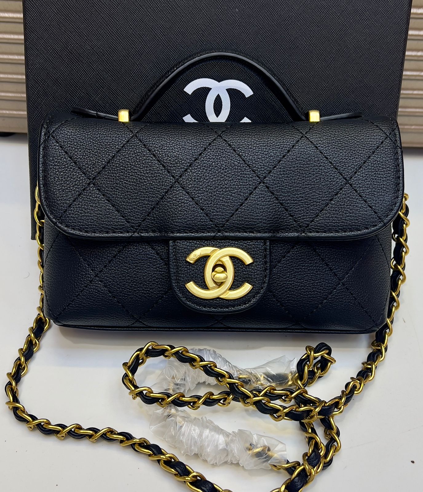 Chanel Style Quilted Mini Top Handle Flap Bag