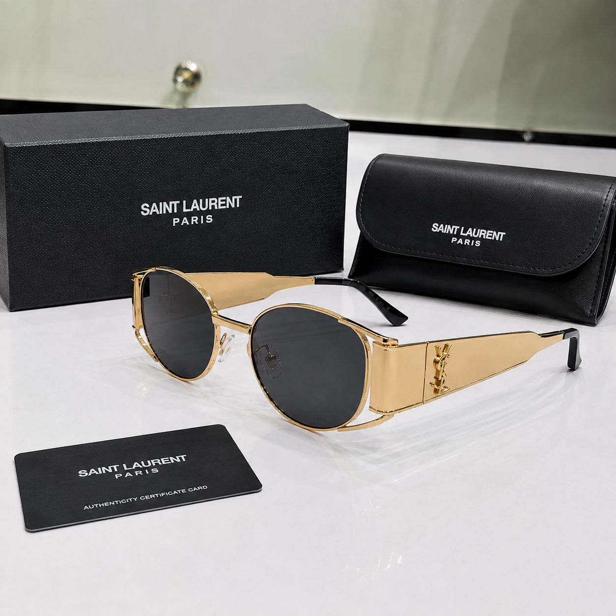 Saint Laurent Gold Oval Metal Sunglasses