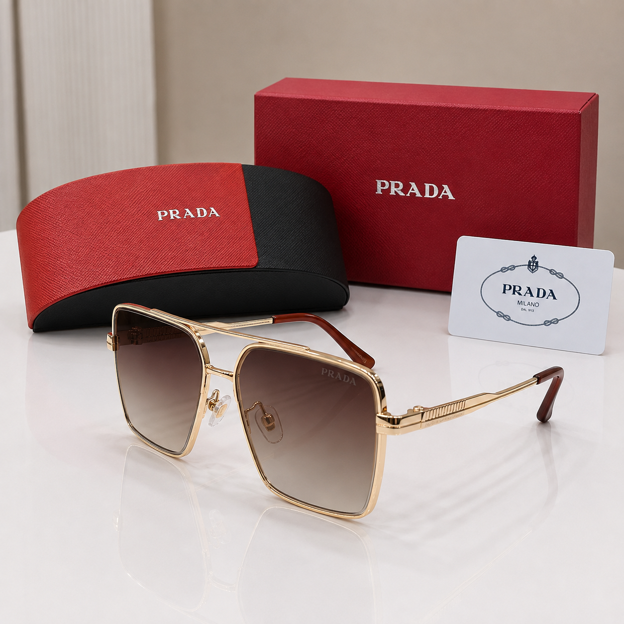 Prada Gold Square Double-Bridge Gradient Sunglasses