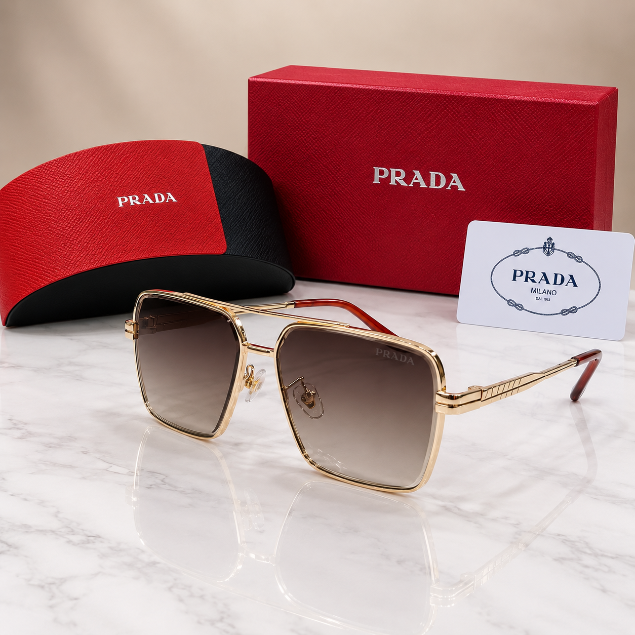 Prada Gold Square Double-Bridge Gradient Sunglasses
