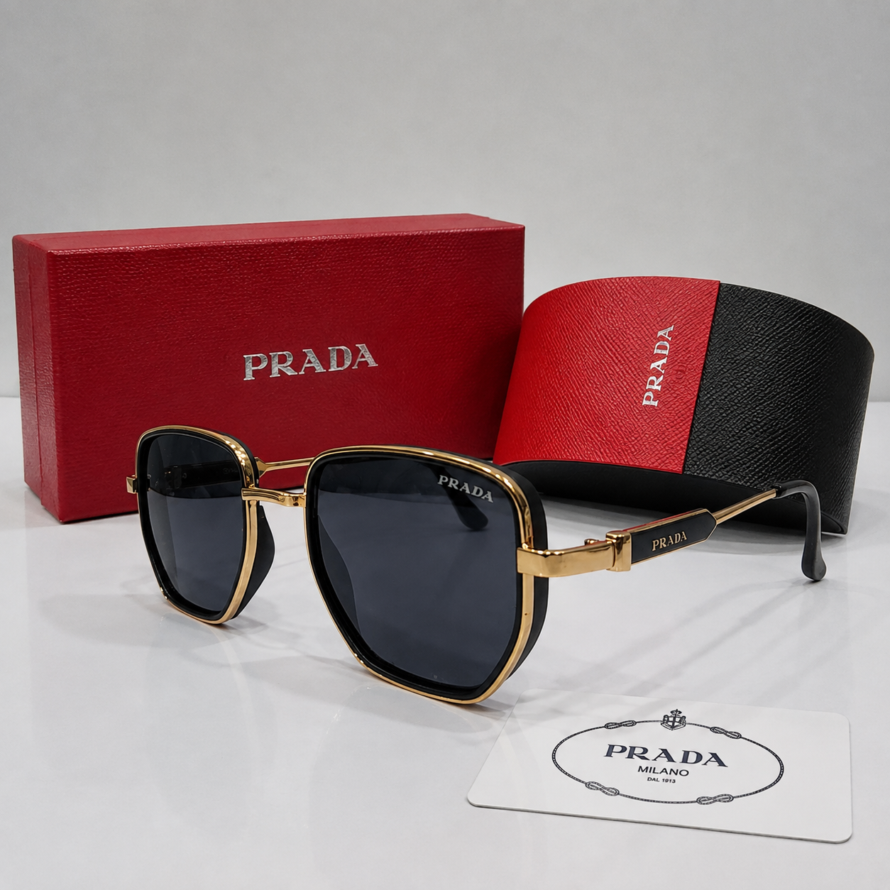 Prada Black and Gold Oversized Square Sunglasses