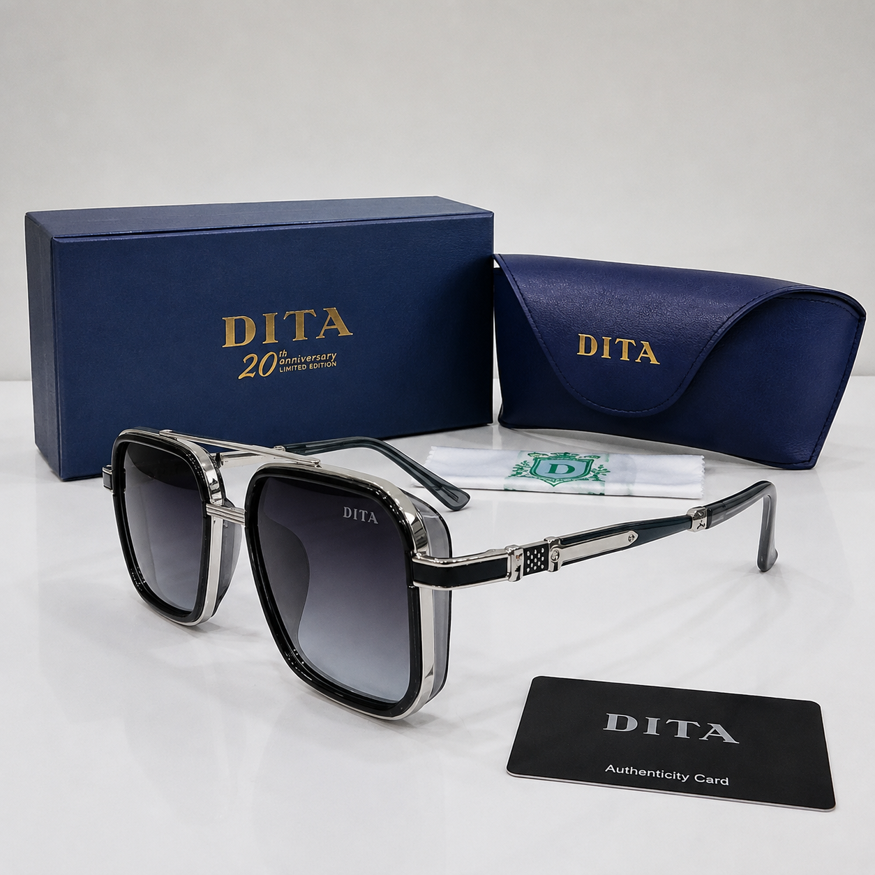 DITA Silver and Black Oversized Square Navigator Sunglasses