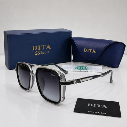 DITA Silver and Black Oversized Square Navigator Sunglasses