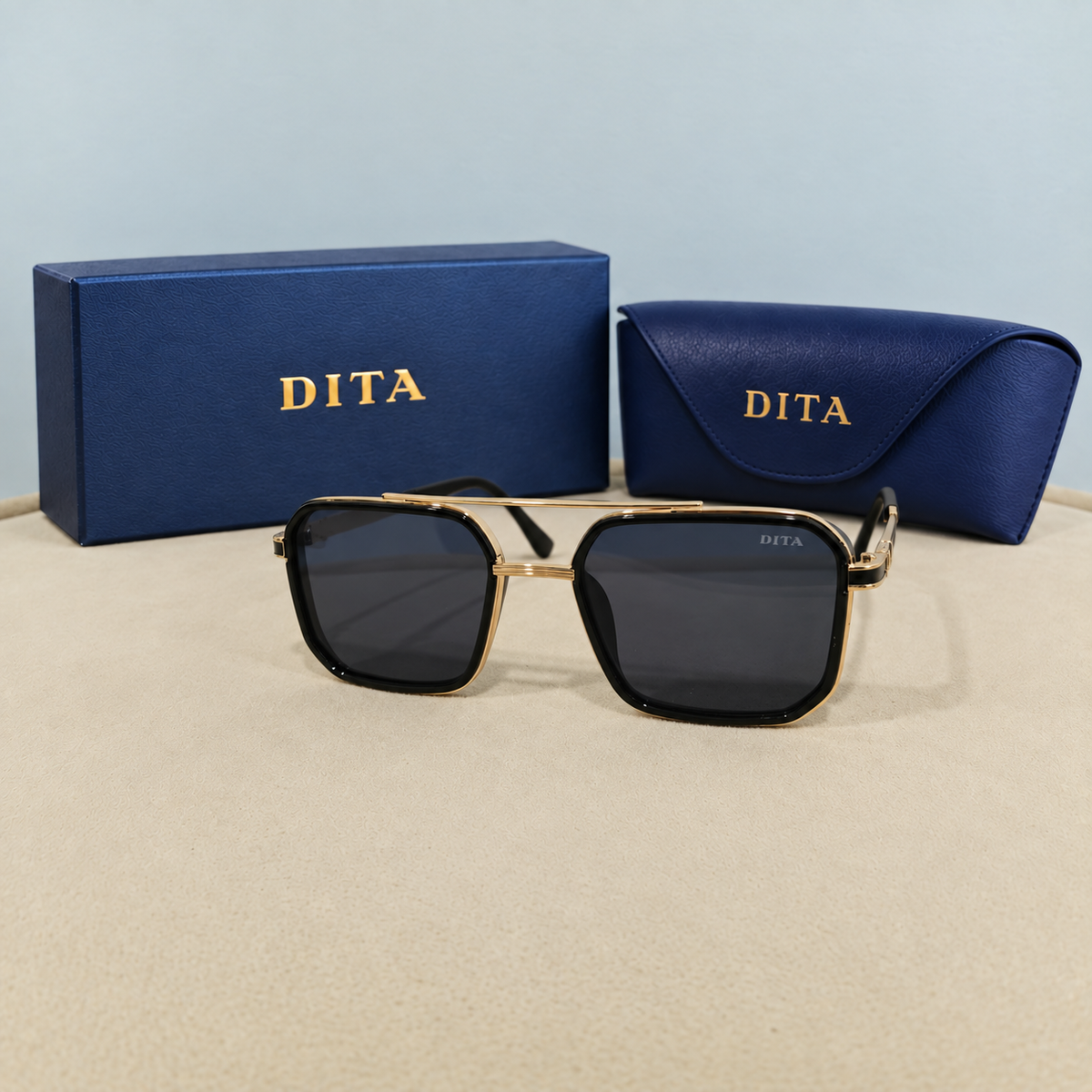 DITA Gold and Black Double-Bridge Square Sunglasses